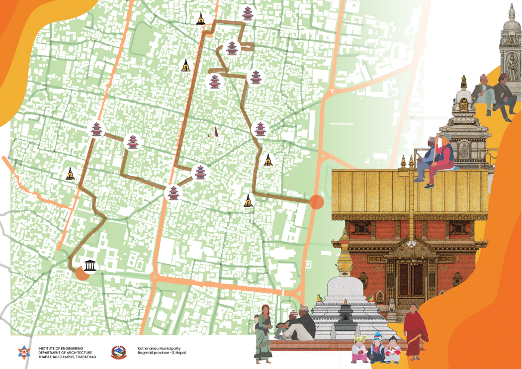 Heritage walk map of Ason, Kathmandu, showing the route through courtyard shrines and the bahal